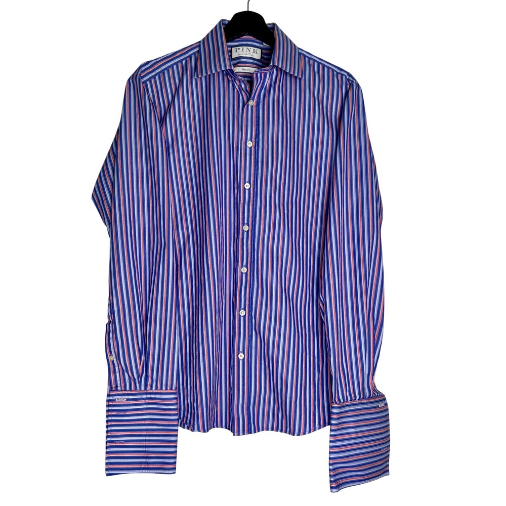 Thomas Pink Slim Fit Dress Shirt Mens 15 38cm Blue Red Stripe French Cuff Cotton